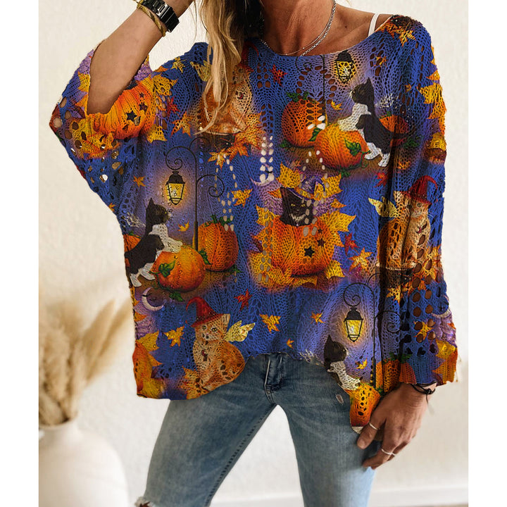 Women’s Halloween Pumpkin Bat Crochet Sweater