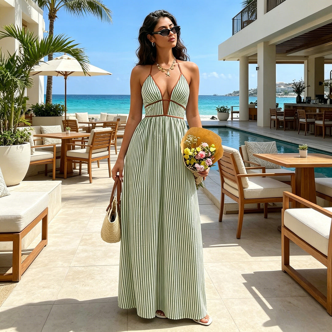 Elegant Sexy Women's Striped Halter Neck Maxi Dress