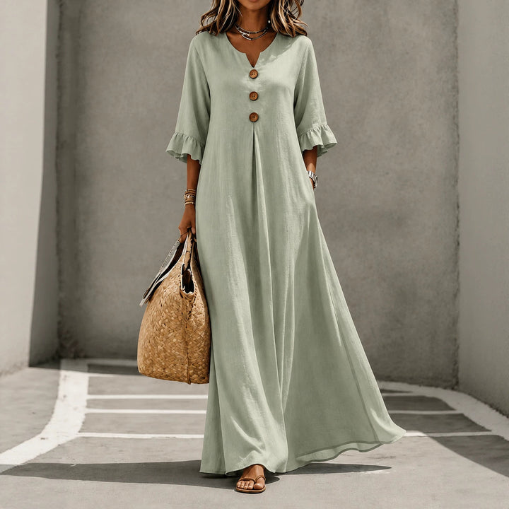 Women’s Solid Color Maxi Dress – V Neck with Pockets