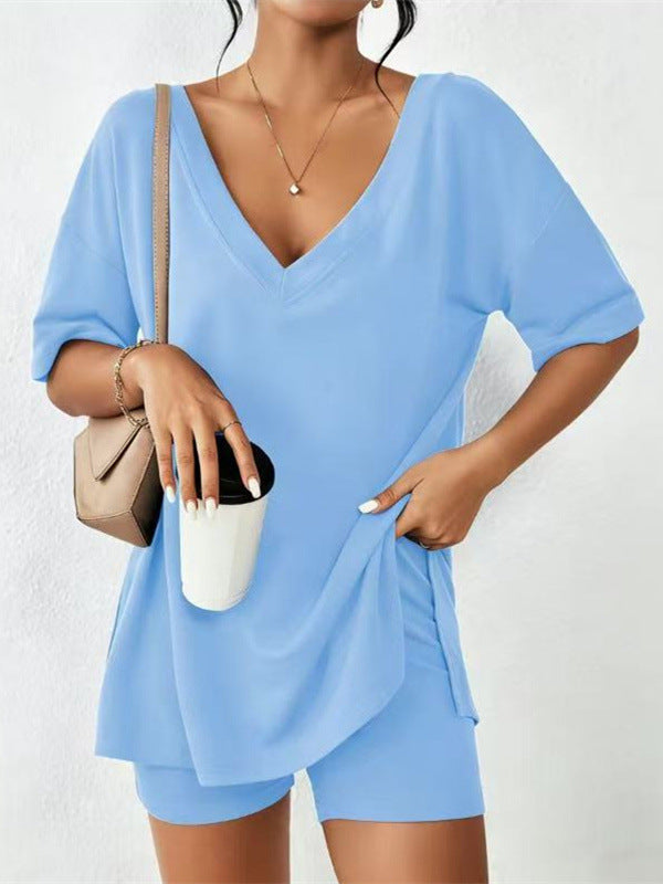 Casual Matching Outfit - Stretchy Deep V Neck Loose Fit Top & Pocket Shorts