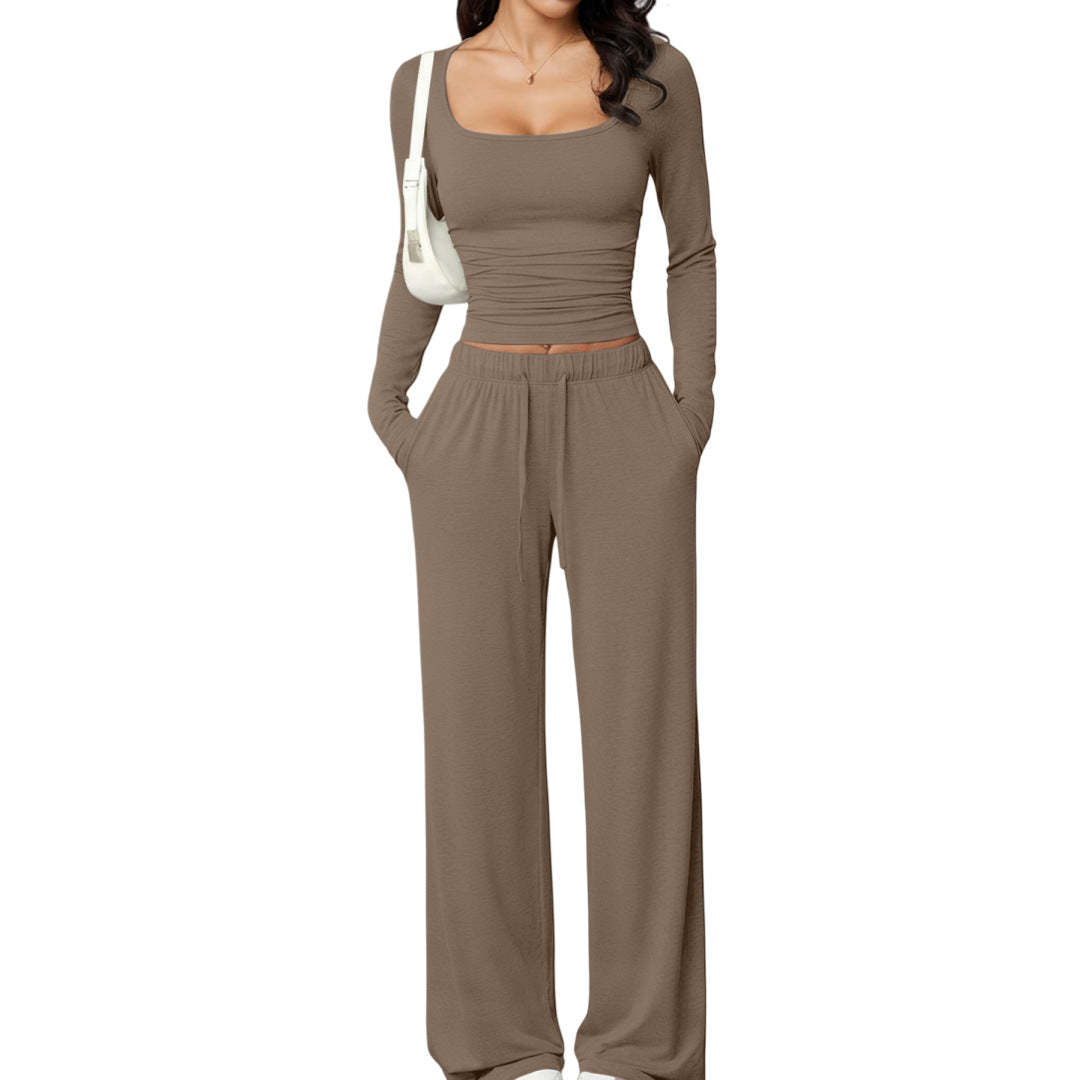 Women’s Square Neck Lounge Set – Long Sleeve Top & Wide Leg Pants 2-Piece Casual Outfit
