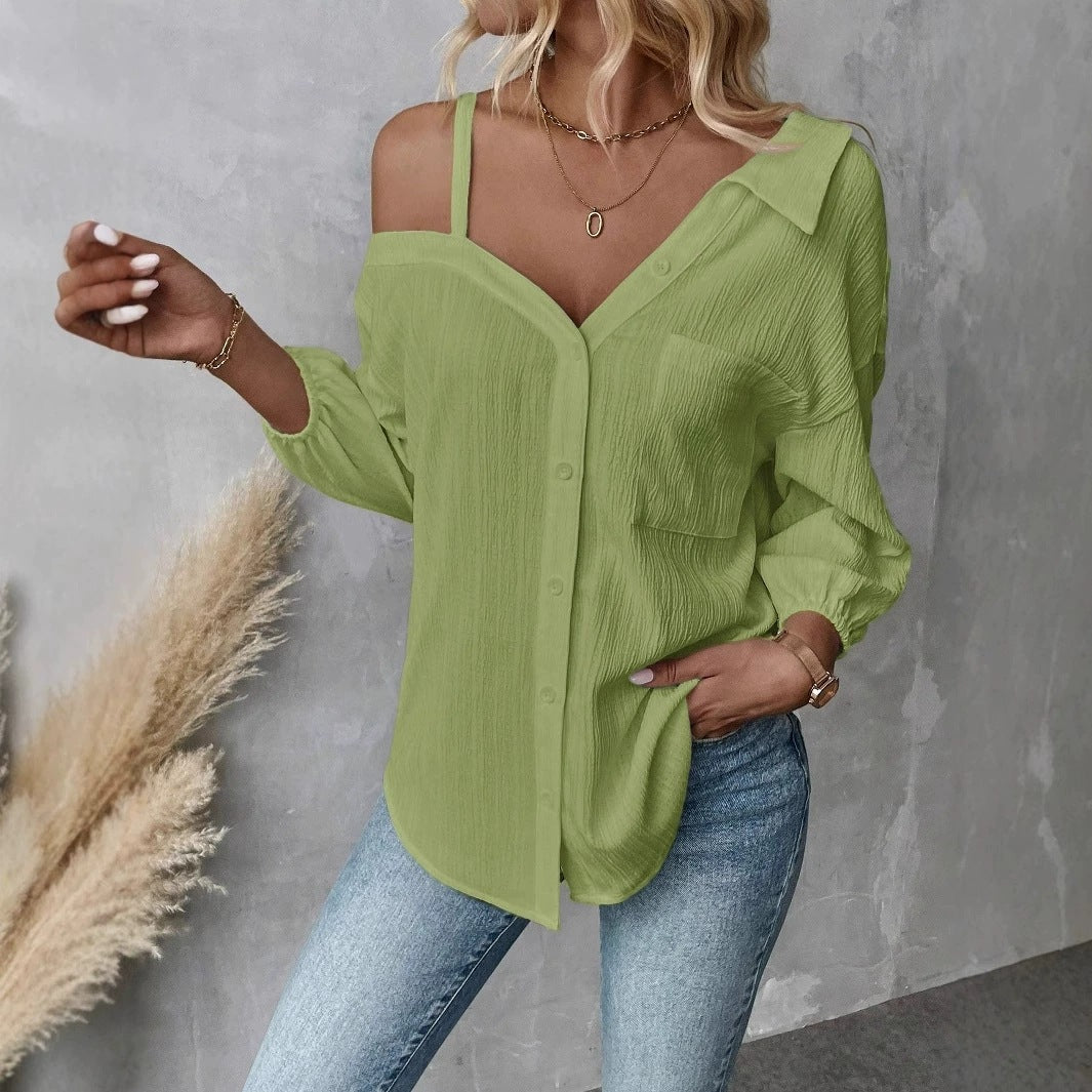 Women’s Off-Shoulder Textured Button-Up Blouse