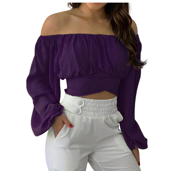 Women’s Long Sleeve Wrap Crop Top – Off-Shoulder V-Neck Cross Front Tie Top