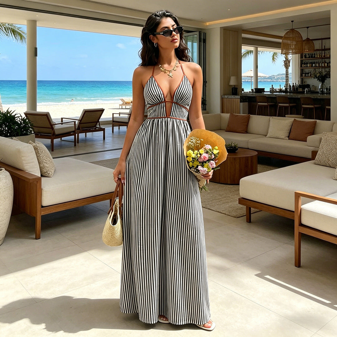 Elegant Sexy Women's Striped Halter Neck Maxi Dress