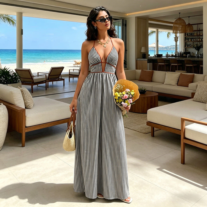 Elegant Sexy Women's Striped Halter Neck Maxi Dress