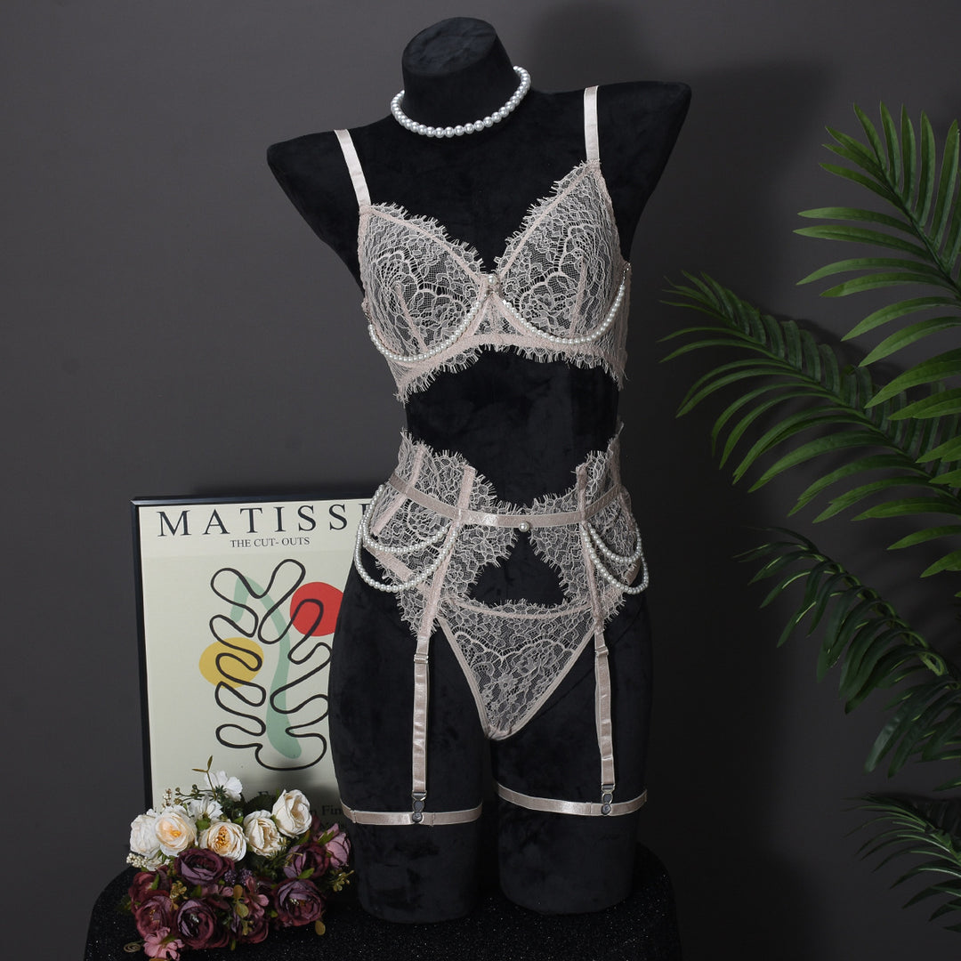 Women’s French Lace Lingerie Set – Pearl Detail