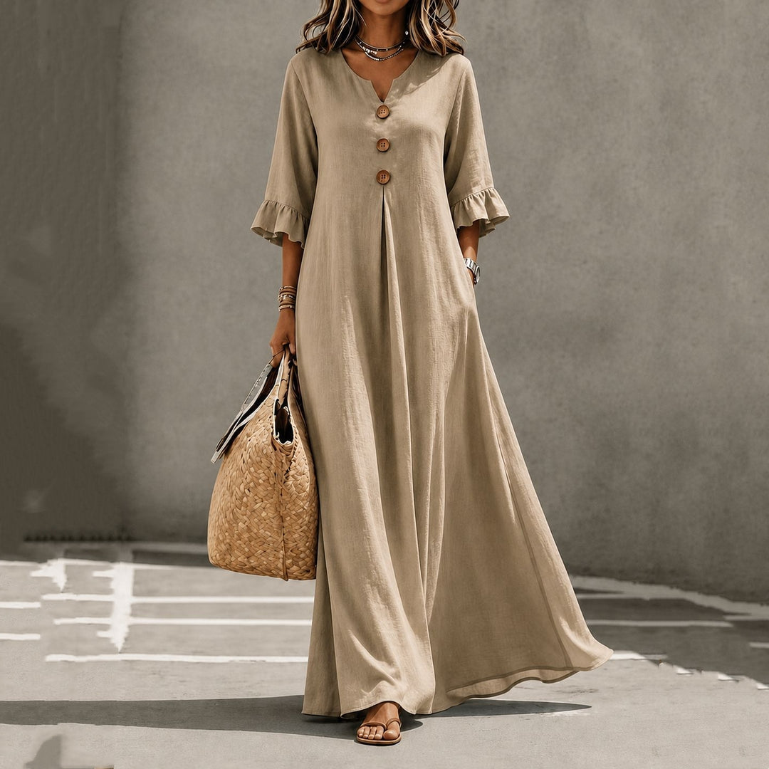 Women’s Solid Color Maxi Dress – V Neck with Pockets