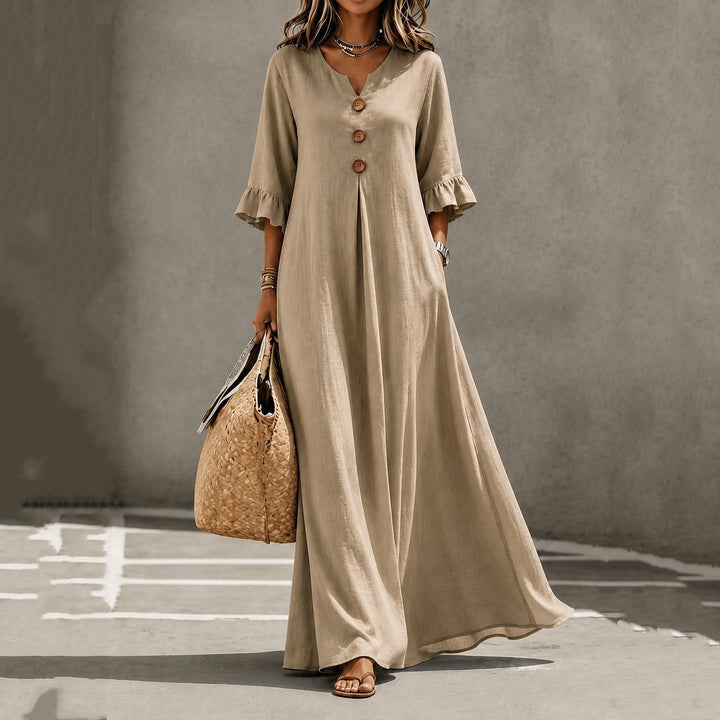 Women’s Solid Color Maxi Dress – V Neck with Pockets
