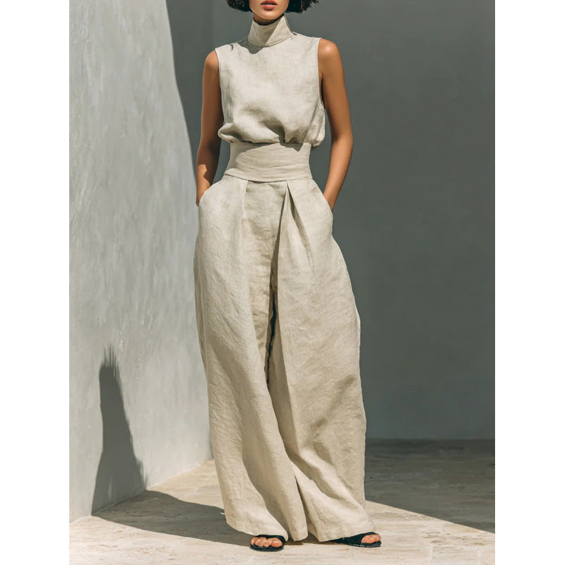 Minimalist Linen Sleeveless Wide Leg Pants Set