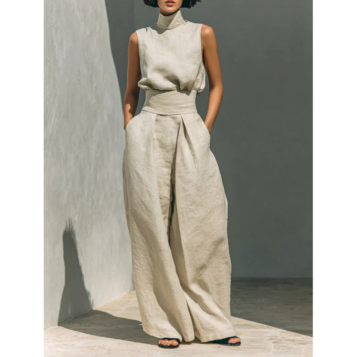 Minimalist Linen Sleeveless Wide Leg Pants Set