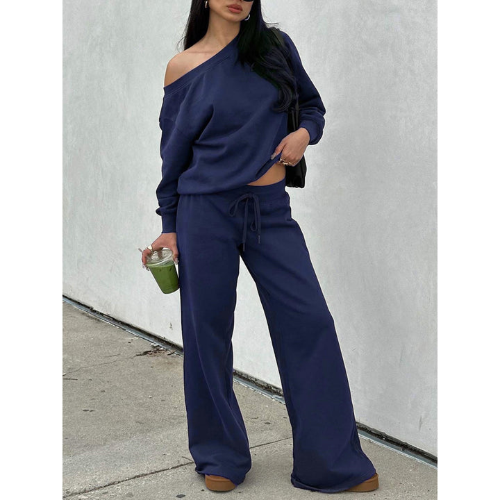 Women’s Off-Shoulder Two-Piece Set – Long Sleeve Sweatshirt & Wide-Leg