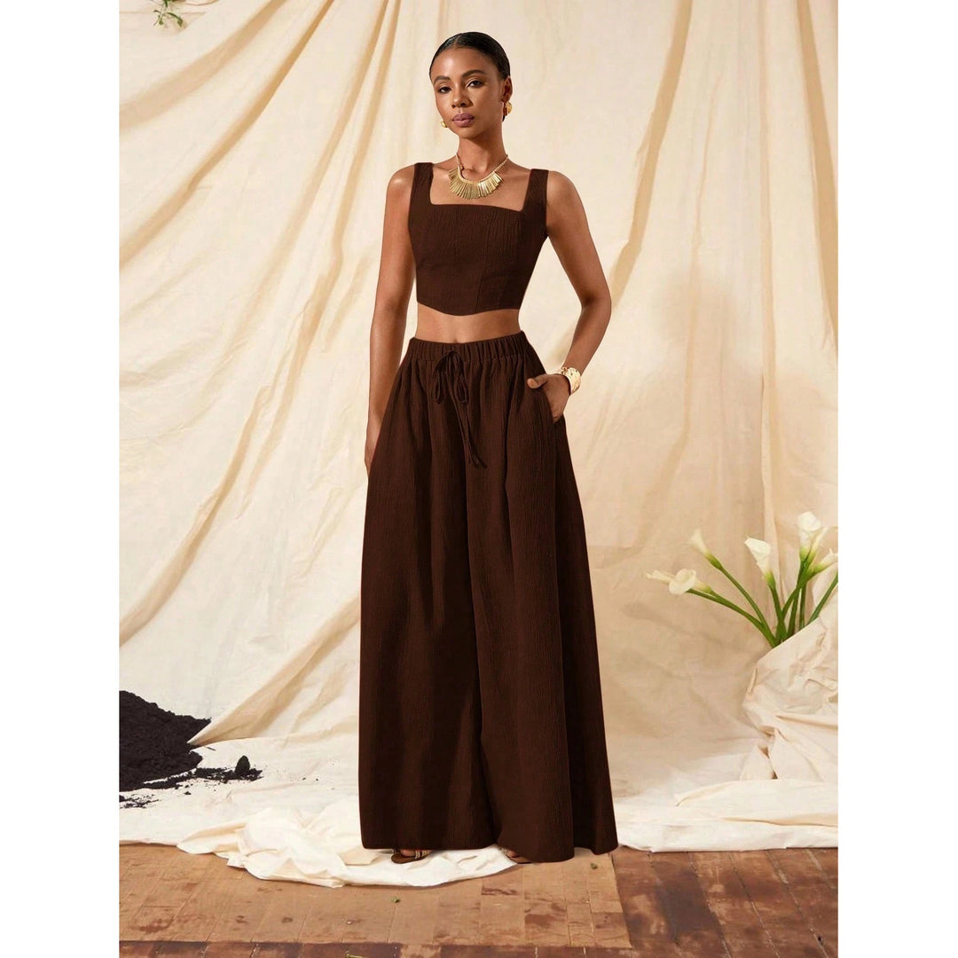 Women’s 2-Piece Set – Casual Fishbone Cami Top And Wide-Leg Pants with Pockets