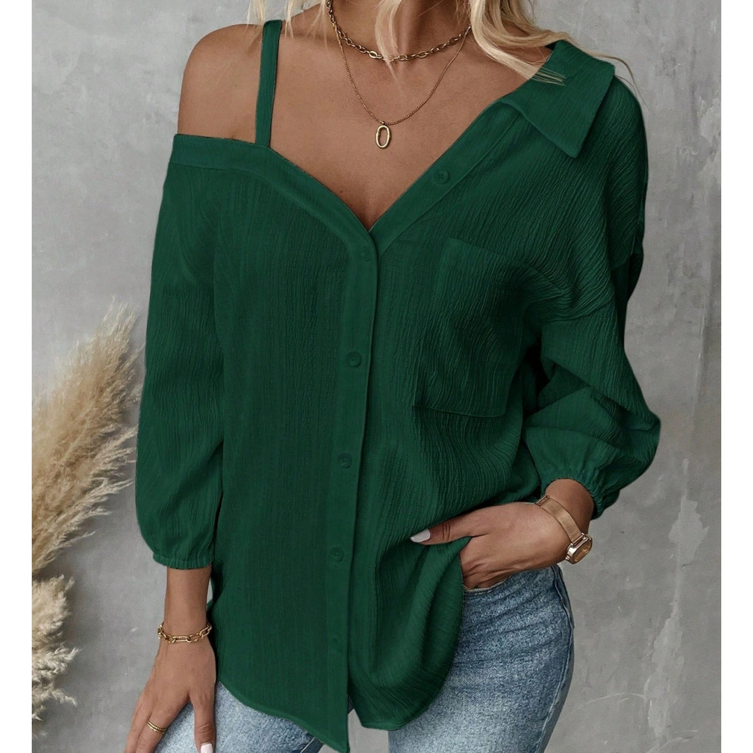 Women’s Off-Shoulder Textured Button-Up Blouse