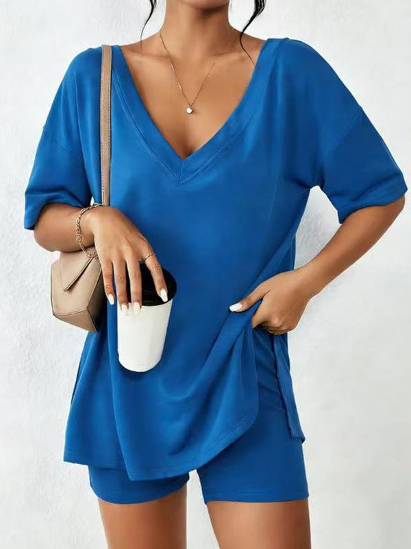 Casual Matching Outfit - Stretchy Deep V Neck Loose Fit Top & Pocket Shorts