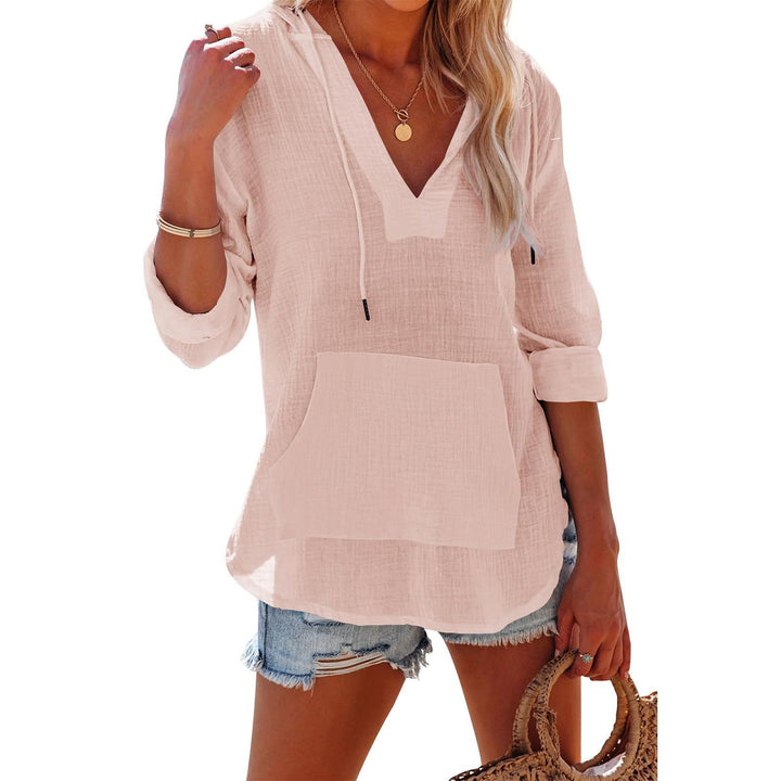 Women's Relaxed V Neck Drawstring Hooded Top