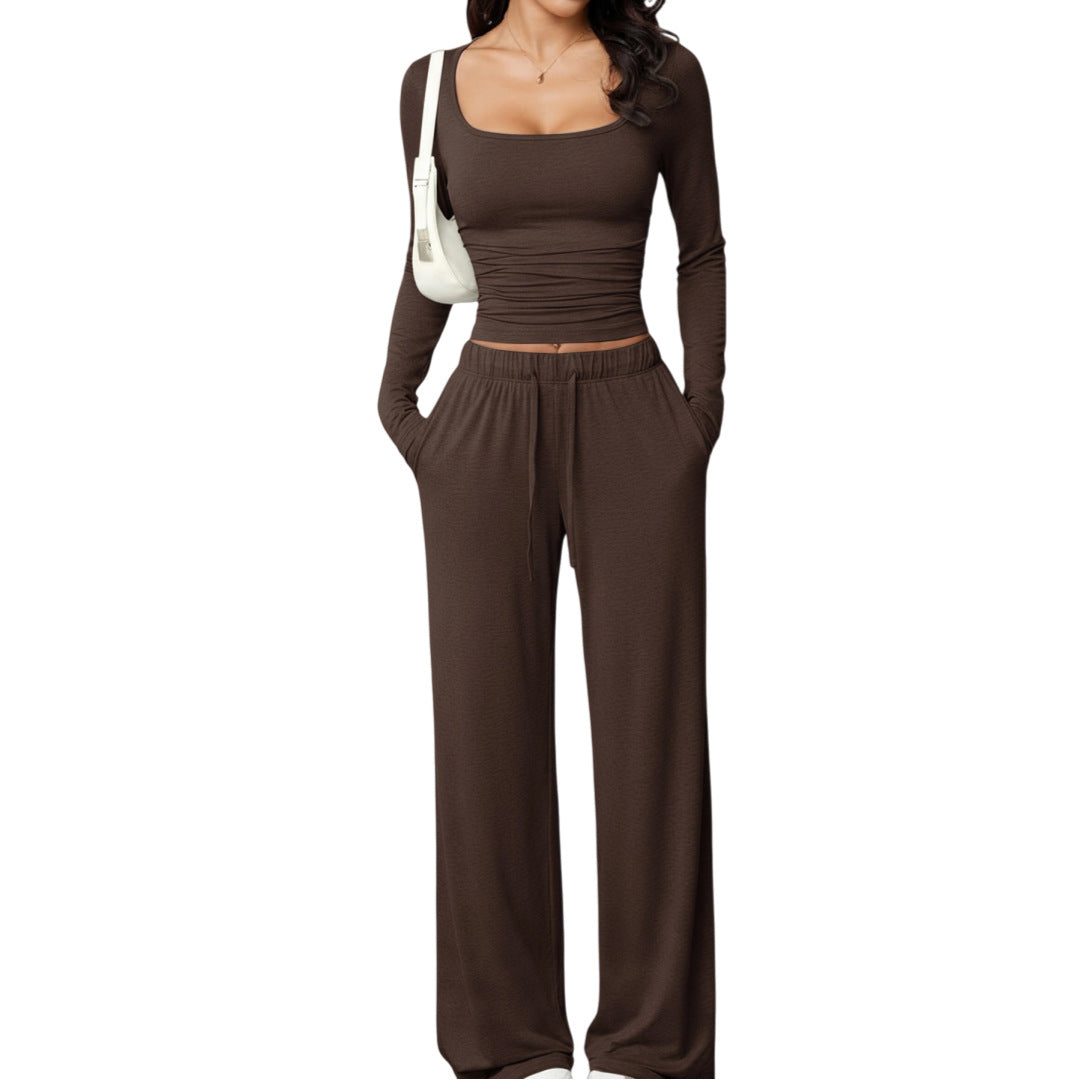Women’s Square Neck Lounge Set – Long Sleeve Top & Wide Leg Pants 2-Piece Casual Outfit