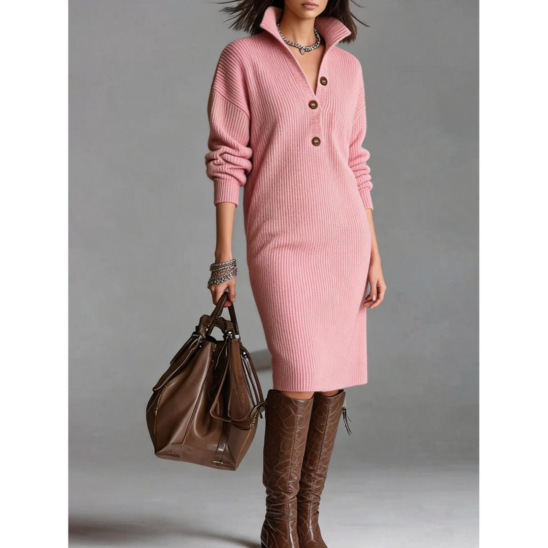 Women’s Button-Up Mock Neck Ribbed Knit Midi Dress(S-5XL)