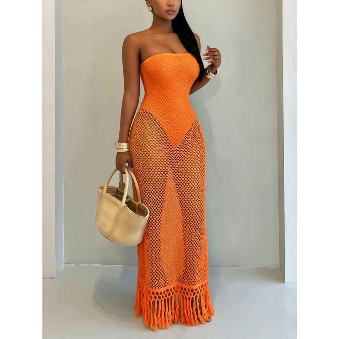 Women's Summer Beach Crochet Mesh Fringe Dress - Fake Two-Piece Design