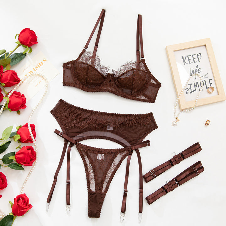 Women’s 4-Piece Lace Lingerie Set – Sheer Mesh