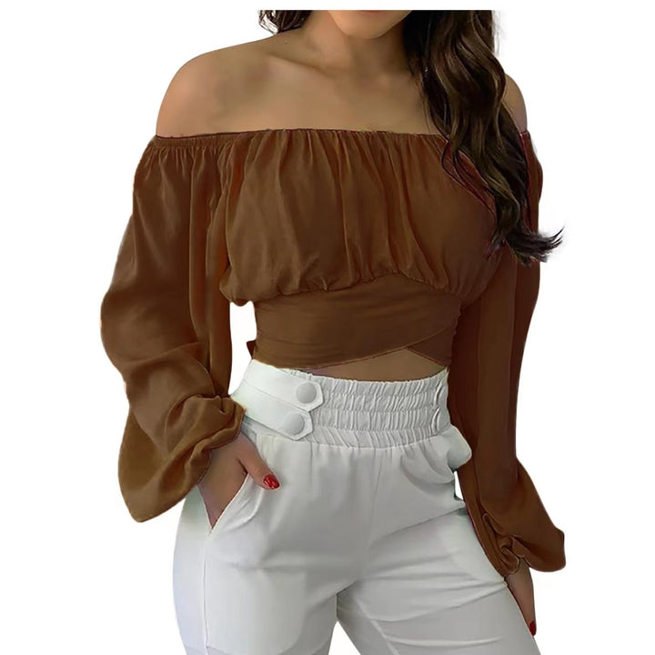 Women’s Long Sleeve Wrap Crop Top – Off-Shoulder V-Neck Cross Front Tie Top