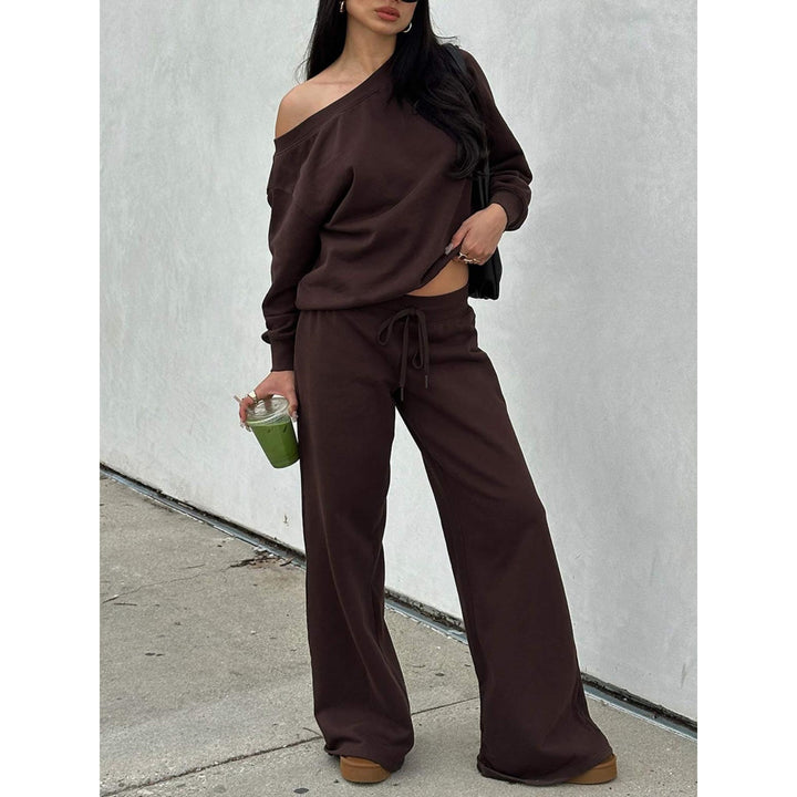 Women’s Off-Shoulder Two-Piece Set – Long Sleeve Sweatshirt & Wide-Leg