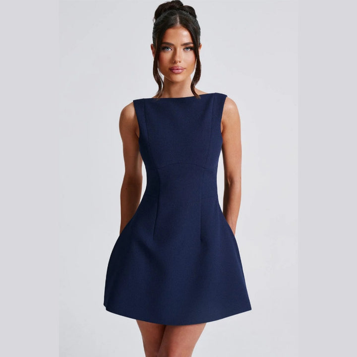 Women's Basic Solid Backless Boat Neck Tank A-line Dress