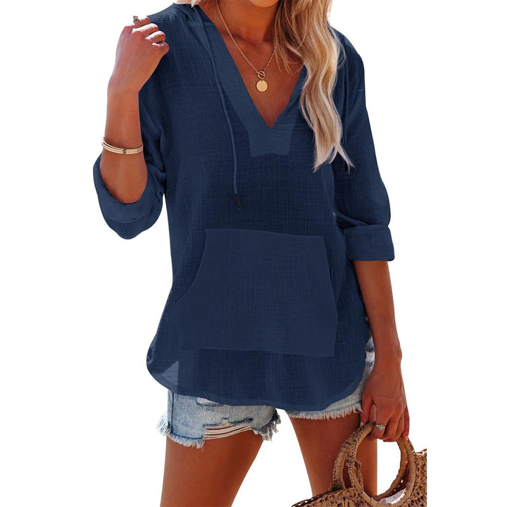 Women's Relaxed V Neck Drawstring Hooded Top