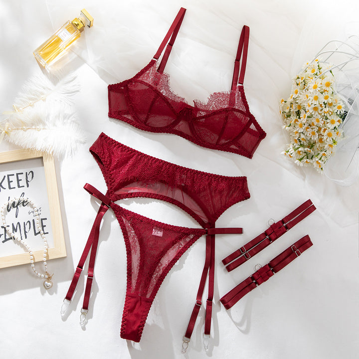 Women’s 4-Piece Lace Lingerie Set – Sheer Mesh