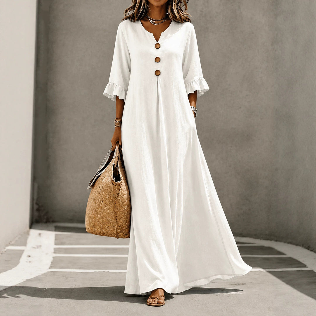 Women’s Solid Color Maxi Dress – V Neck with Pockets