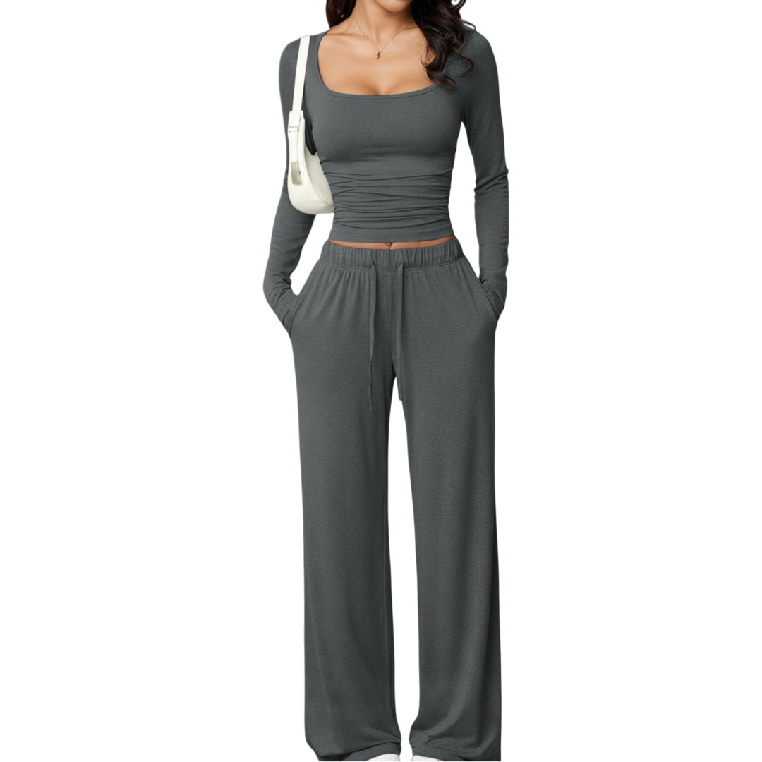 Women’s Square Neck Lounge Set – Long Sleeve Top & Wide Leg Pants 2-Piece Casual Outfit