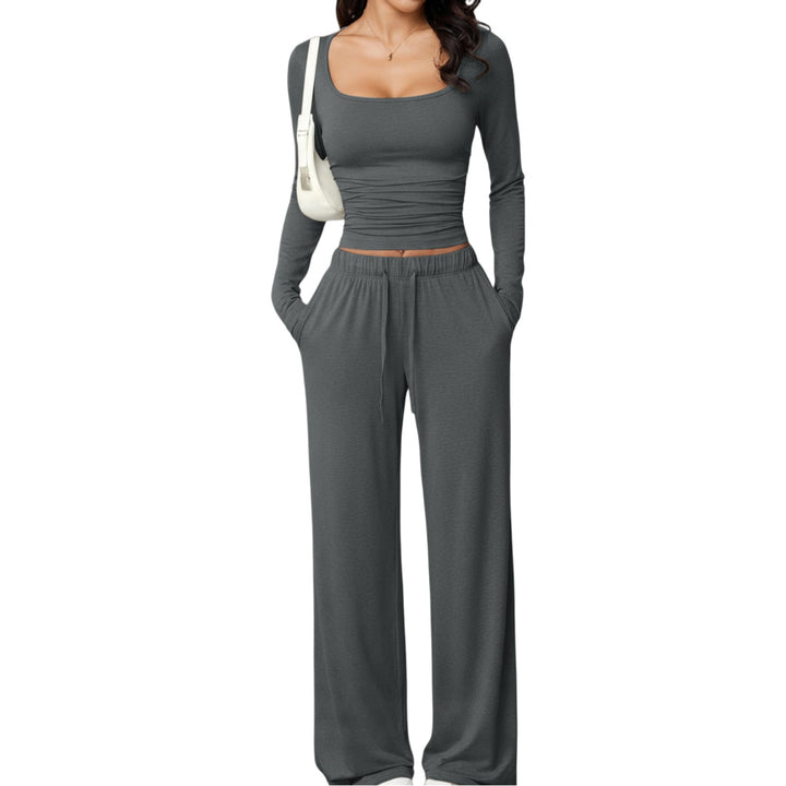 Women’s Square Neck Lounge Set – Long Sleeve Top & Wide Leg Pants 2-Piece Casual Outfit