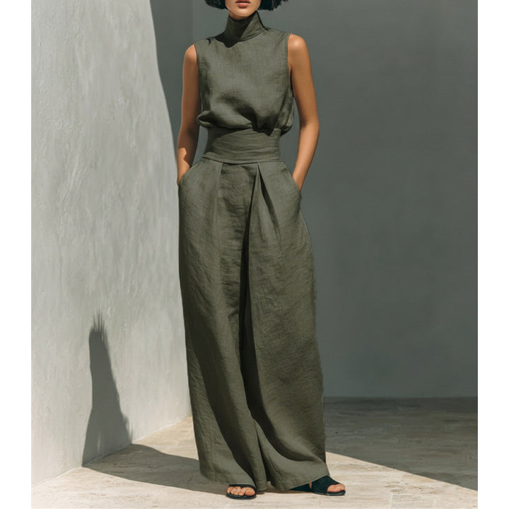 Minimalist Linen Sleeveless Wide Leg Pants Set