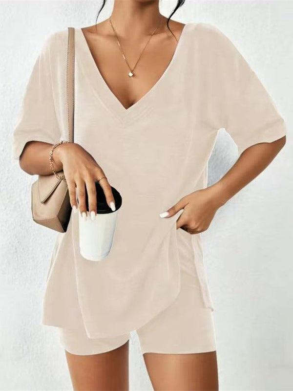 Casual Matching Outfit - Stretchy Deep V Neck Loose Fit Top & Pocket Shorts