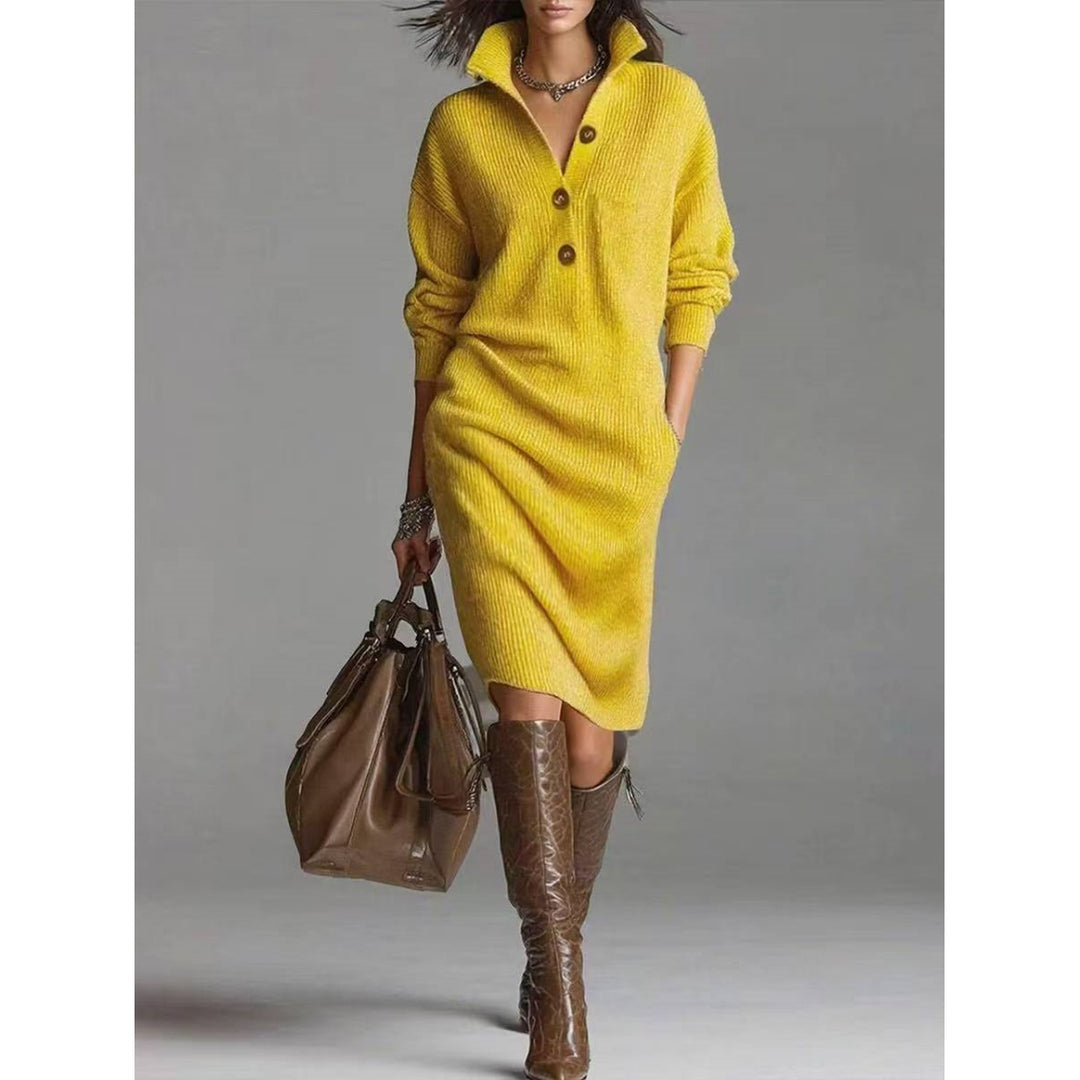 Women’s Button-Up Mock Neck Ribbed Knit Midi Dress(S-5XL)