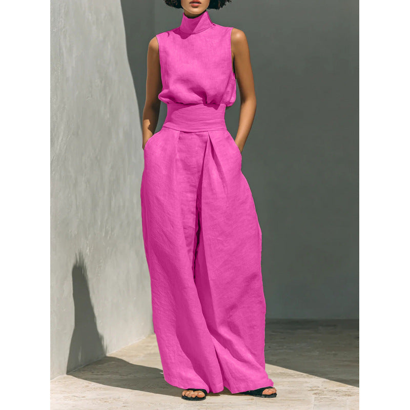 Minimalist Linen Sleeveless Wide Leg Pants Set