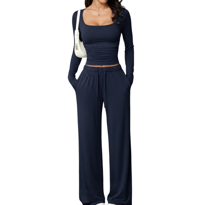 Women’s Square Neck Lounge Set – Long Sleeve Top & Wide Leg Pants 2-Piece Casual Outfit