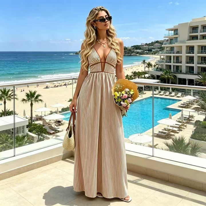 Elegant Sexy Women's Striped Halter Neck Maxi Dress