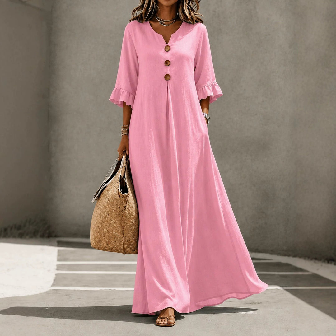 Women’s Solid Color Maxi Dress – V Neck with Pockets
