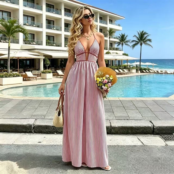 Elegant Sexy Women's Striped Halter Neck Maxi Dress