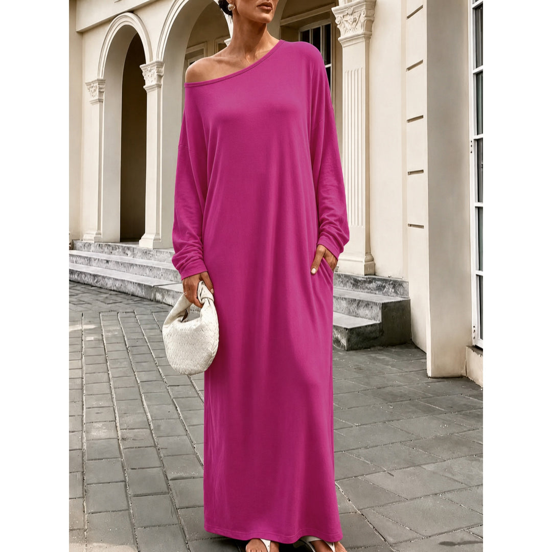 Women’s Off Shoulder Maxi Dress – Loose Fit Long Sleeve Pocket