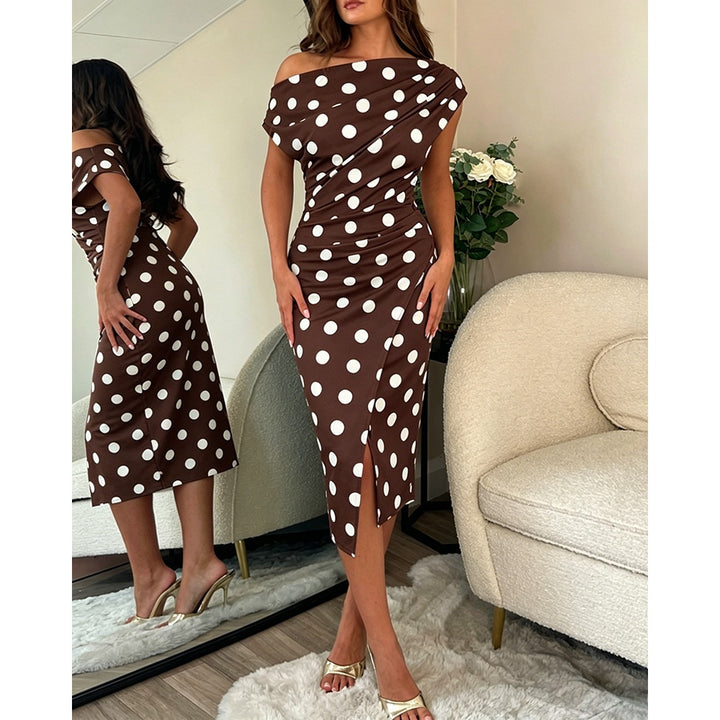 Women’s Polka Dot Midi Dress – Asymmetrical Ruched Bodycon Dress with Side Slit