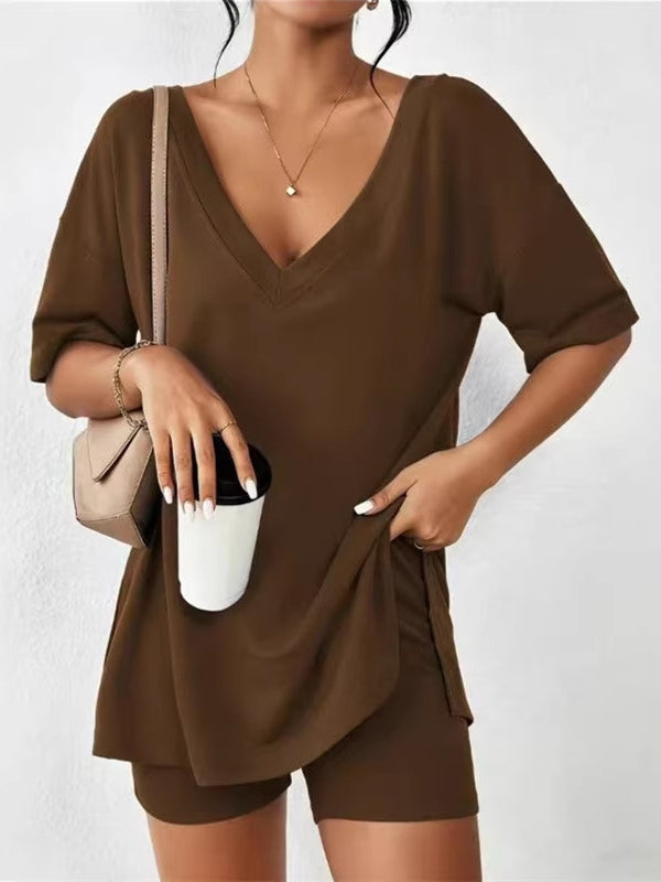 Casual Matching Outfit - Stretchy Deep V Neck Loose Fit Top & Pocket Shorts