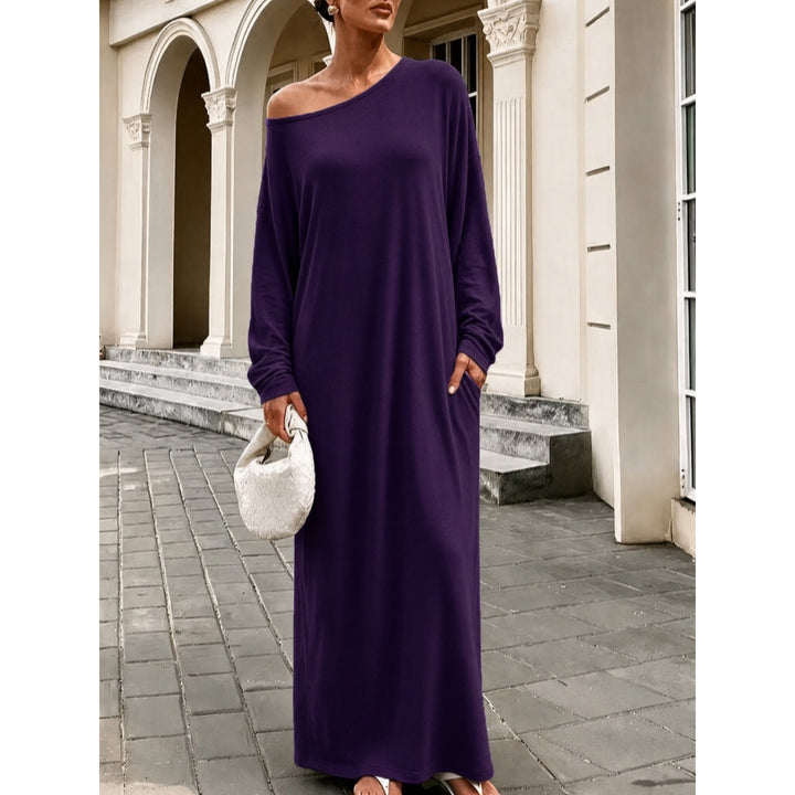 Women’s Off Shoulder Maxi Dress – Loose Fit Long Sleeve Pocket