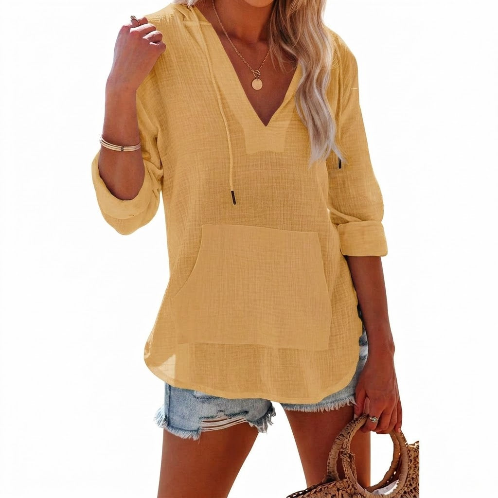 Women's Relaxed V Neck Drawstring Hooded Top