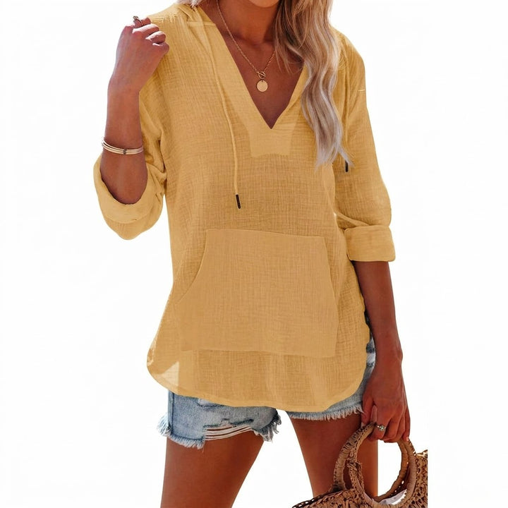 Women's Relaxed V Neck Drawstring Hooded Top